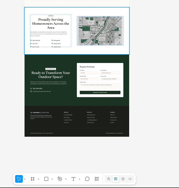 Evergreen Outdoor Living desktop contact and footer design