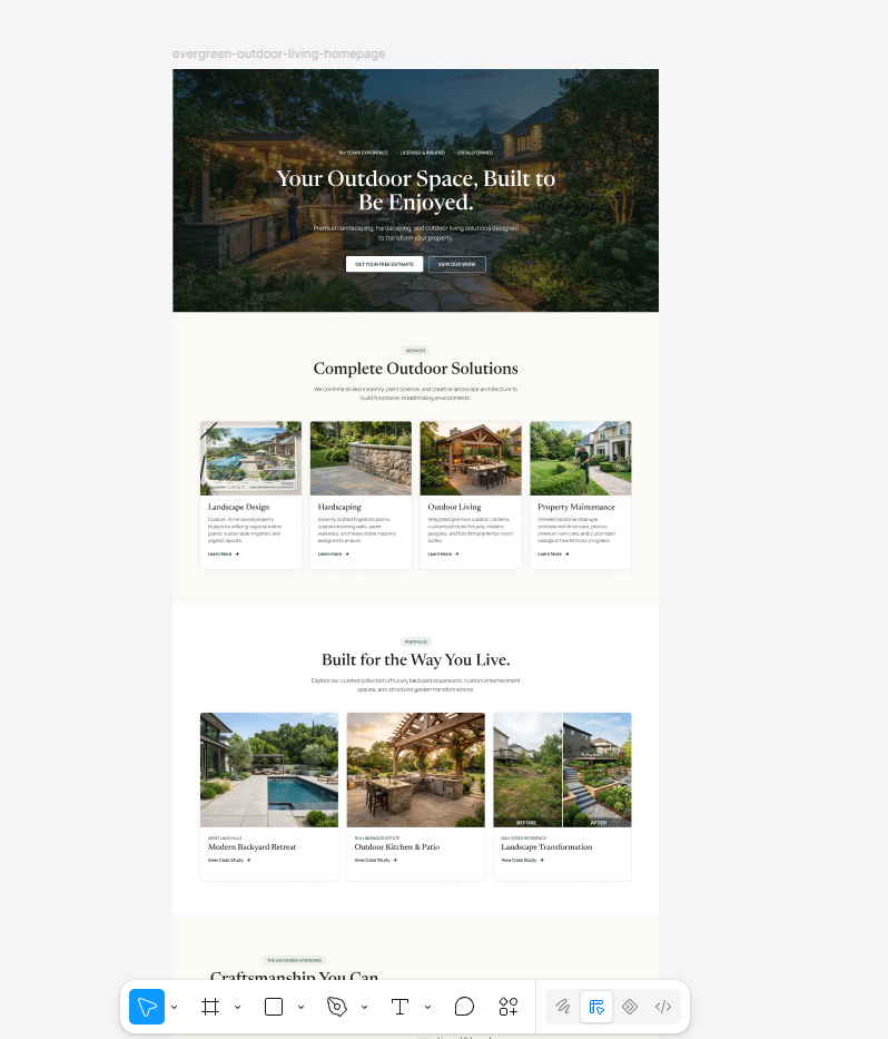 Evergreen Outdoor Living desktop homepage design in Figma