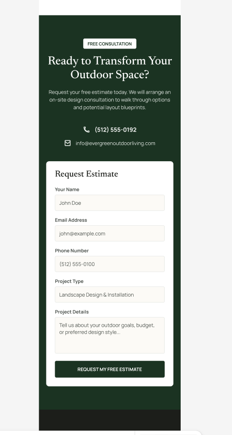 Evergreen Outdoor Living mobile contact form design