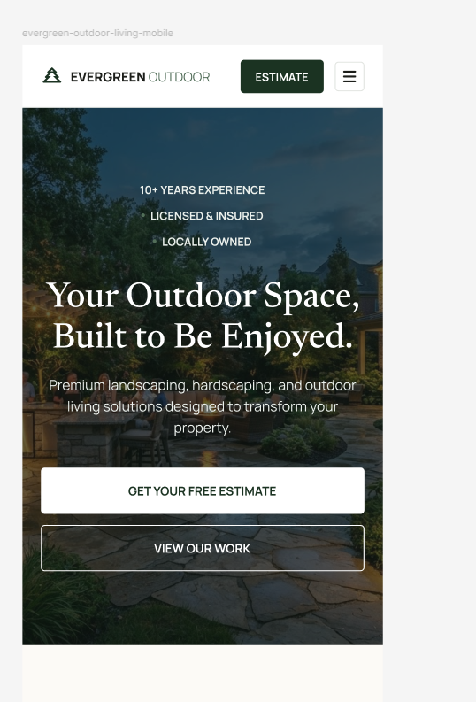 Evergreen Outdoor Living mobile homepage design in Figma