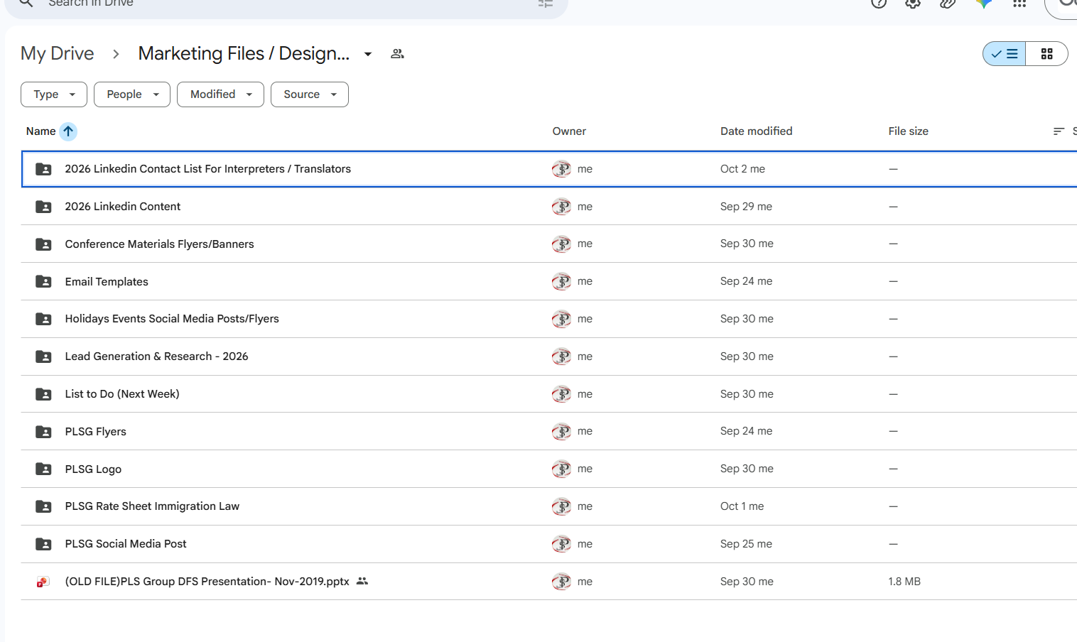 Organized Google Drive marketing folders