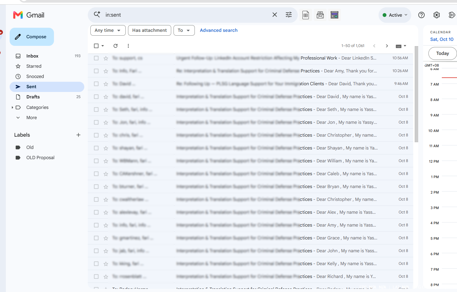 Gmail sent folder showing professional outreach emails