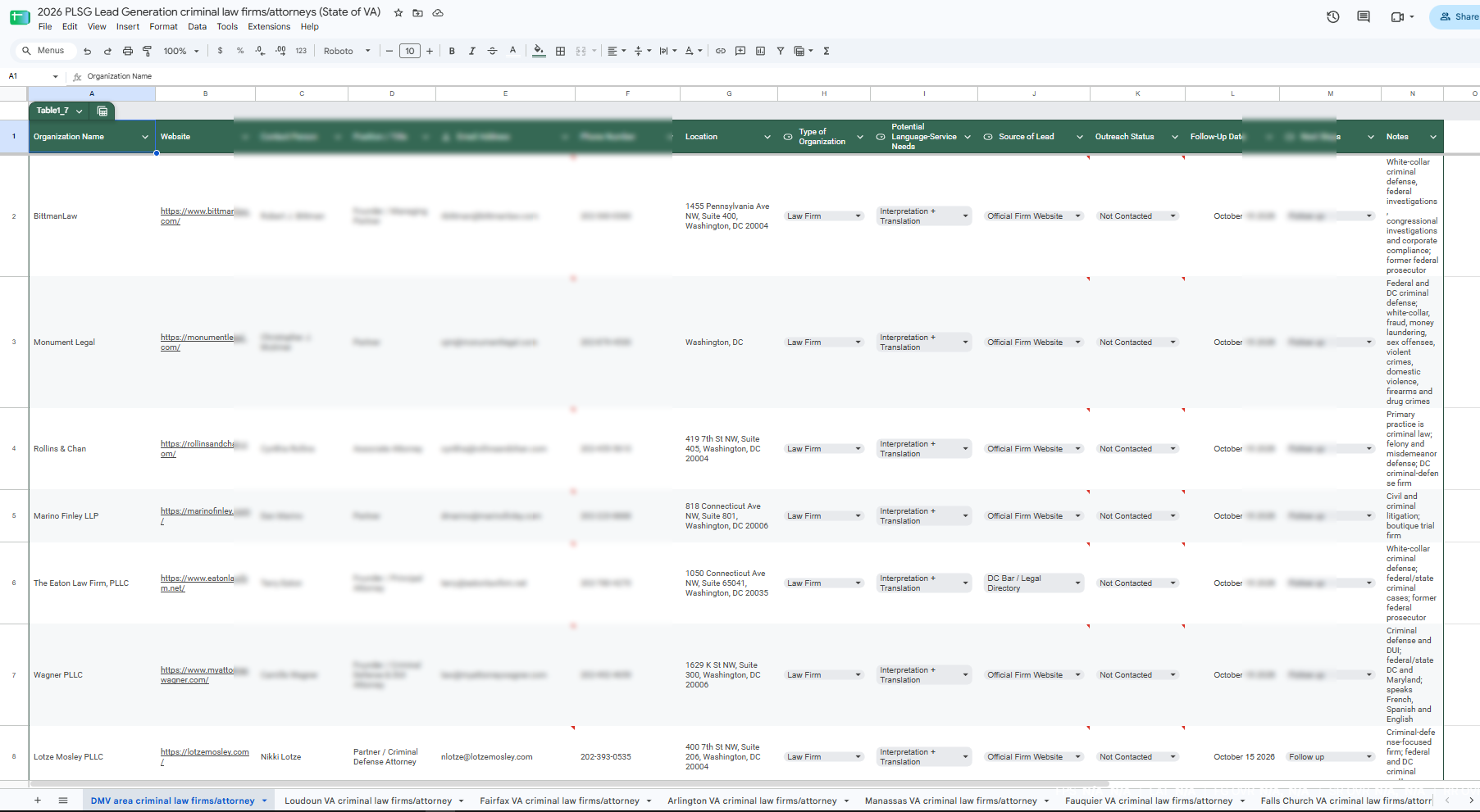Sample lead generation spreadsheet with prospect and outreach tracking columns